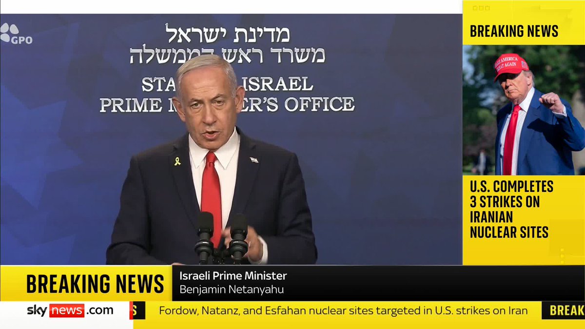 'Congratulations President Trump, your bold decision to target Iran's nuclear facilities will change history' Benjamin Netanyahu says Donald Trump and the US have acted with strength following strikes on Iran's nuclear facilities. Latest: 📺 Sky 501