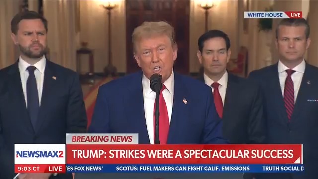 MOMENTS AGO on NEWSMAX: President Donald Trump addressed the nation, saying the U.S. attacks on Iran's three nuclear sites on Saturday were a "spectacular military success."