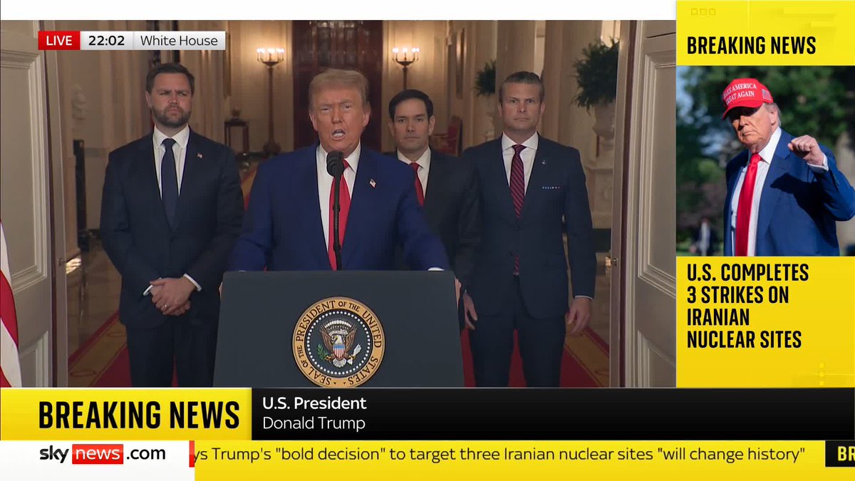 'Tonight I can report to the world that the strikes were a spectacular military success. Iran's key nuclear enrichment facilities have been completely and totally obliterated' President Trump addresses the nation following US strikes on Iran. Latest: