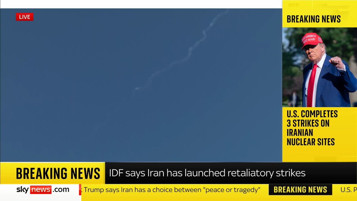 BREAKING: The IDF says that Iran has launched retaliatory strikes towards Israel, after the US attacked three Iranian nuclear facilities. Alistair Bunkall has the latest from Jerusalem, as he points to 'missile trails fired from Iran'.