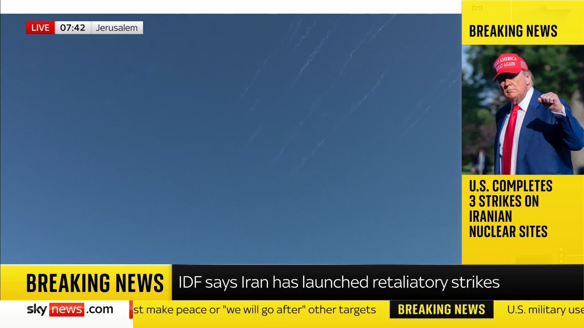 Moment sirens go off in Jerusalem, following reports that Iran has launched retaliatory strikes towards Israel, after the US attacked three Iranian nuclear facilities. Alistair Bunkall has the latest. Follow our live blog for more updates: 📺 Sky 501