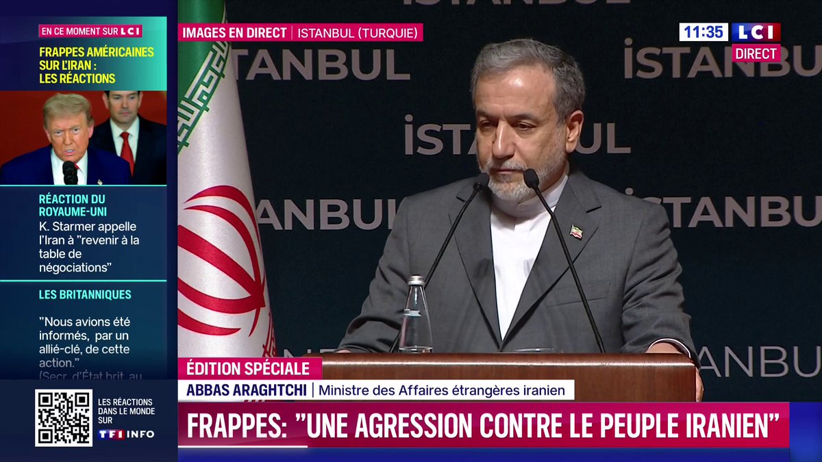🔴 Le chef de la diplomatie iranienne s'exprime après les frappes américaines 🗣️ "Mon pays a été attaqué, il a été agressé, il nous incombe maintenant de riposter. Nous le ferons tant que cela sera nécessaire."