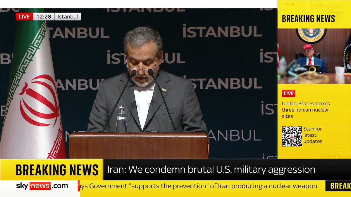 "Iran reserves all options to defend its security interests and people." Iranian Foreign Minister, Abbas Araghchi, calls on the UN Security Council to "unequivocally condemn the criminal act of aggression by the US" , and reiterates Iran's "right to self-defence".