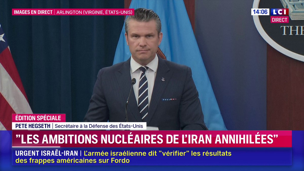 🔴 Frappes américaines sur l'Iran : le Pentagone s'exprime 🗣️ Pete Hegseth : "Le président Trump a dit 'pas d'arme nucléaire' alors pas d'arme nucléaire. Il cherche la paix et l'Iran doit s'engager sur cette voie."