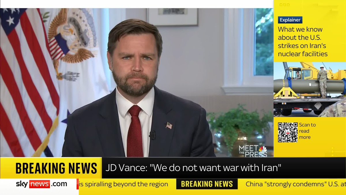 "We are not at war with Iran" US Vice President JD Vance has told our US partner NBC News he does not fear fighting with Iran will become protracted Live updates ➡️ 📱 &