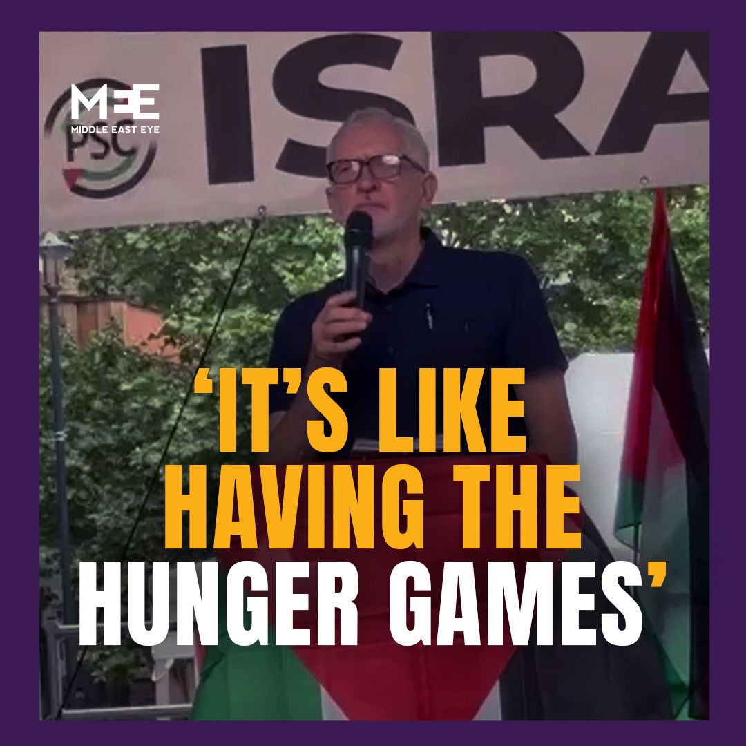 British MP Jeremy Corbyn delivered an impassioned speech at Saturday’s massive pro-Palestine rally in London, condemning the normalisation of atrocities carried out by Israeli forces in Palestine and drawing parallels to the dystopian novel The Hunger Games