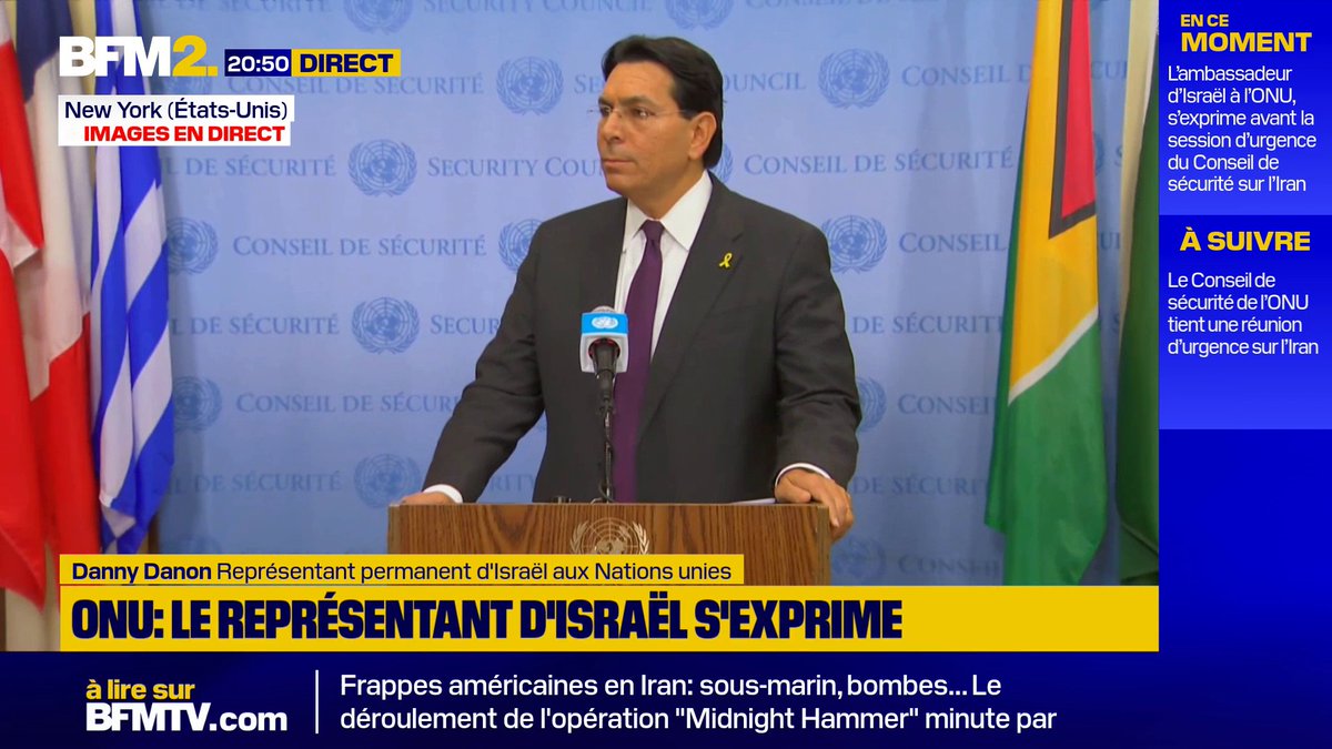 💬"Ces dernières 24h, l'Histoire a changé [...] C'était un acte nécessaire et une décision courageuse de supprimer la plus grande menace à la sécurité mondiale" Danny Danon, représentant d'Israël à l'ONU, a propos des frappes américaines sur des sites nucléaires iraniens #BFM2