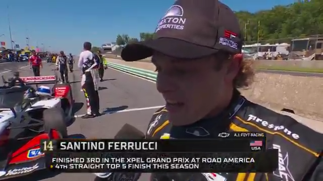 Santino Ferrucci talks with Georgia Henneberry after a P3 finish at Road America.