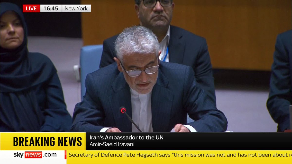 Amir-Saeid Iravani, Iran's ambassador to the UN, has condemned "blatant US aggression" following American strikes on three Iranian nuclear sites. He says the attacks are "another stain" in the political history of the US. Latest: 📺 Sky 501 and YouTube