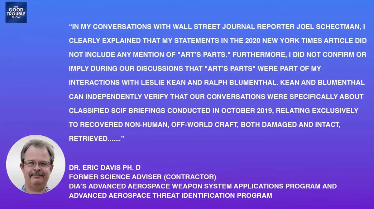 Here are the statements from Dr. Eric Davis and Lue Elizondo about the latest WSJ article, via Matt Ford at The Good Trouble Show with Matt Ford. I'll have more on Davis later today or tomorrow. Just waiting for one or two people to get back to me.