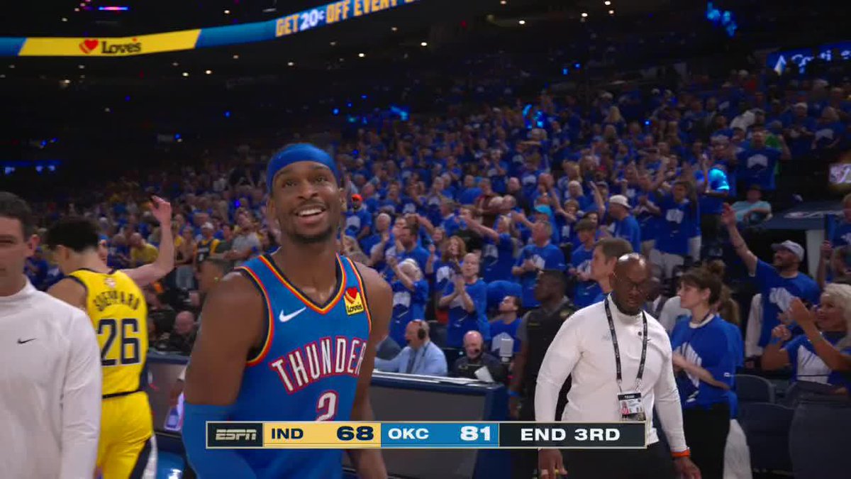 Shai all smiles to end the third quarter on ABC ⚡ OKC is one quarter away from lifting the trophy 👀