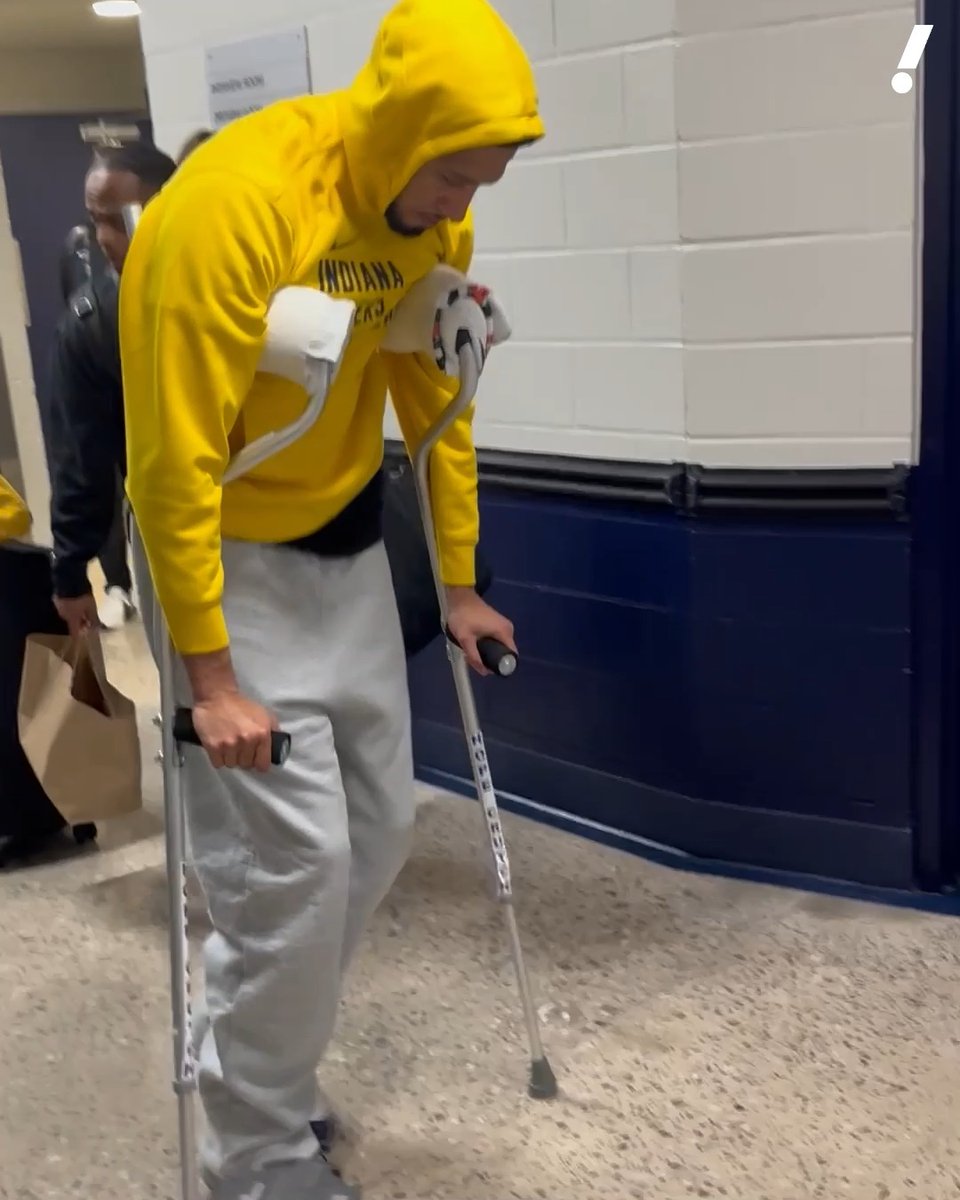 Tyrese Haliburton in crutches after the game — Prayers for a speedy recovery. 🙏 (via Yahoo Sports)
