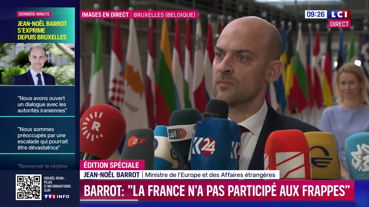 "Si les frappes israéliennes et américaines ont retardé sans doute considérablement, les analyses nous le diront, la capacité de l'Iran à se doter d'un programme nucléaire, rien n'empêchera à l'avenir l'Iran de le faire si nous n'y parvenons pas par la négociation" : Jean-Noël Barrot