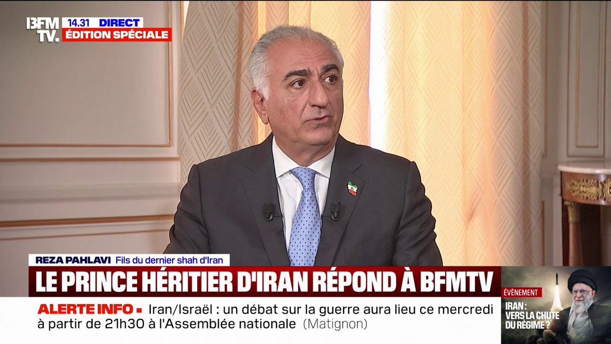 💬 "La seule option qu'il nous reste, c'est de mettre fin à ce régime" Le prince héritier d'Iran, Reza Pahlavi, considère que le régime actuel n'est plus légitime et qu'il ne peut pas être maintenu