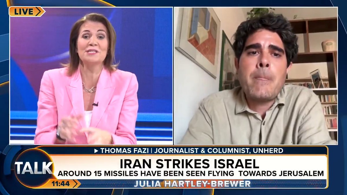 Julia Hartley-Brewer goes head-to-head with journalist Thomas Fazi after he claims that Israel started the war with Iran. "We know Iran were building a bomb, we know they are a danger to their neighbours - why don't you believe what they say? Are they lying?!" Julia Hartley-Brewer