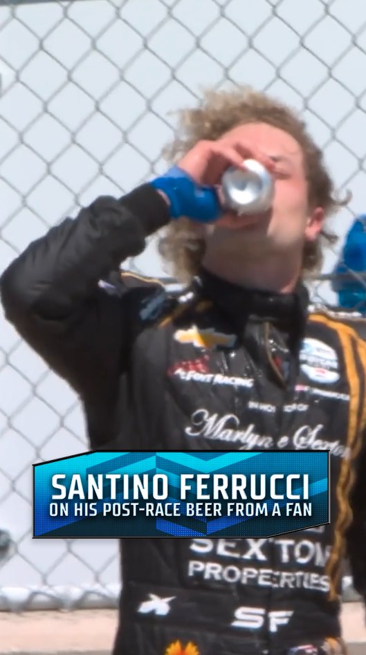 "I've been learning my shotgunning skills from the Chili Bowl." Santino Ferrucci on his post-race beer celebration at Road America.