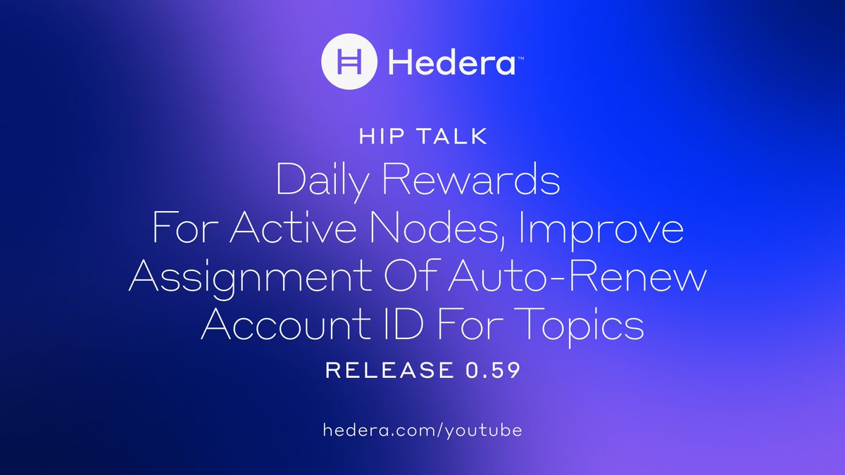 📺 Hashgraph Dir. of PM Keith Kowal and Sr. Dir. of PM Mark Blackman cover key improvements implemented in Hedera mainnet releases 0.60 and 0.61: incl. Daily Rewards for Active Nodes (HIP-1064) and Improve Assignment of Auto-Renew Account ID for Topics (HIP-1021).👇