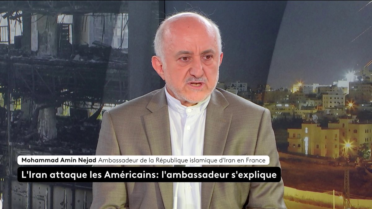 🔴 L'ambassadeur d’Iran en France, Mohammad Amin-Nejad, réagit à la riposte iranienne aux attaques des Etats-Unis : "C’est une réponse légitime. Je ne sais pas si c’est une réponse complète. Mais nous avons été agressés par les Américains“.