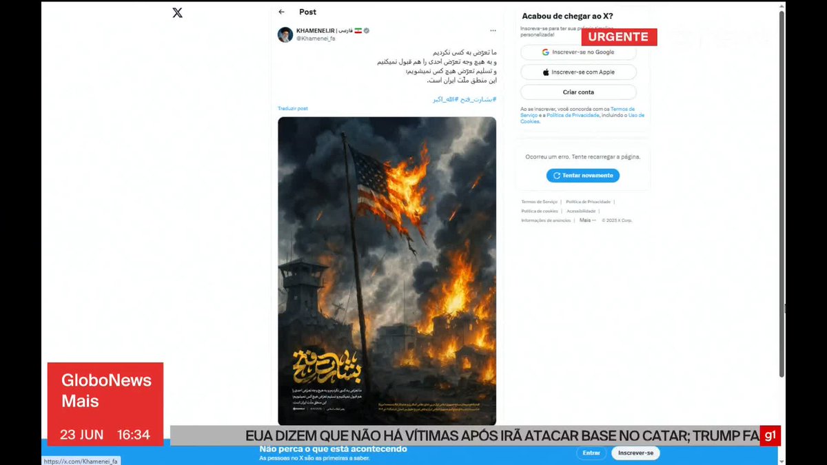 Olha quem publicou imagem da bandeira americana queimando. O líder supremo do Irá, aiatolá Ali Khamenei. Ele escreveu que o Irã “não agrediu ninguém” e “não aceitará agressões”.