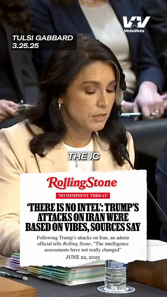 DNI Tulsi Gabbard: “The IC continues to assess that Iran is not building a nuclear weapon.” Trump’s strike wasn’t based on intel. It was unconstitutional, unauthorized, and illegal. And every Republican backing him over the Constitution owns it. MORE: