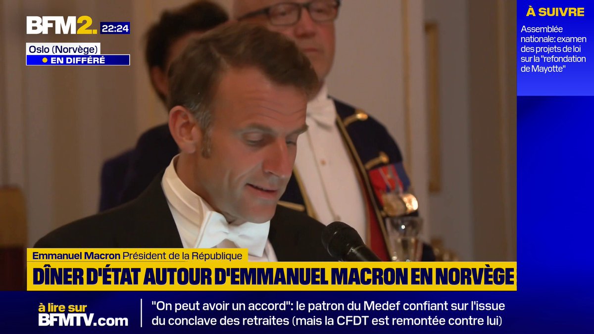 💬 "Ce qui nous lie est, avant tout, une certaine idée du monde, pétrie de responsabilité et de liberté" Emmanuel Macron s'exprime lors d'un dîner donné à Oslo pour son déplacement en Norvège #BFM2