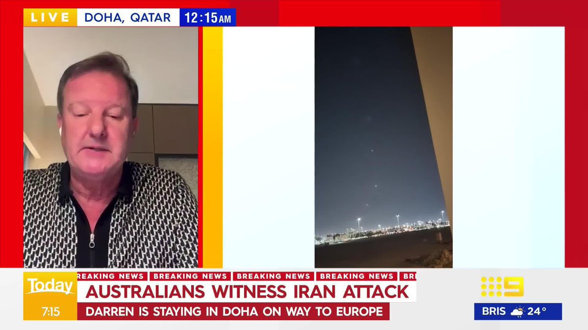 Australian man Darren Flindell, who is travelling through Doha on his way to Europe, has been caught in the middle of conflict, capturing the moment a barrage of missiles launched towards the U.S. military base south of Doha. #9Today