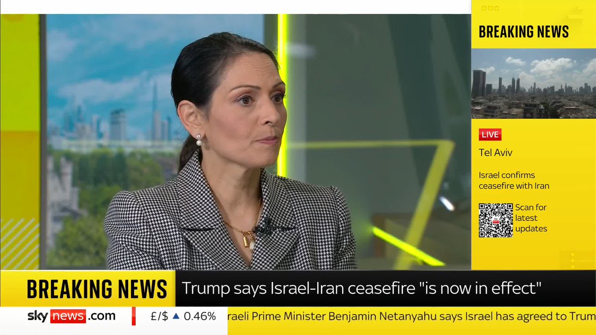Shadow Foreign Secretary Priti Patel MP comments on the Iran-Israel ceasefire as she stresses the government should provide clarity on whether they supported the United States' strikes on Iran 📺 Sky 501 and YouTube