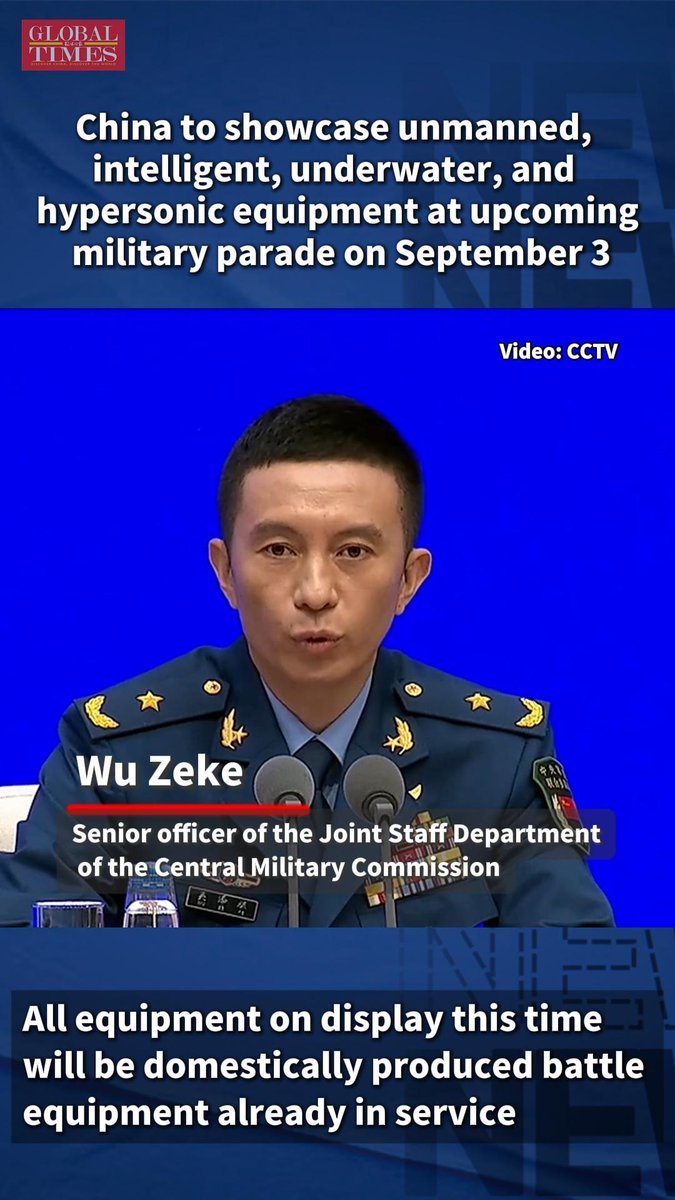 China will hold a military parade on September 3, where the country will display new combat forces including unmanned, intelligent, underwater, cyber, electronic, and hypersonic equipment in addition to traditional weapons and equipment.