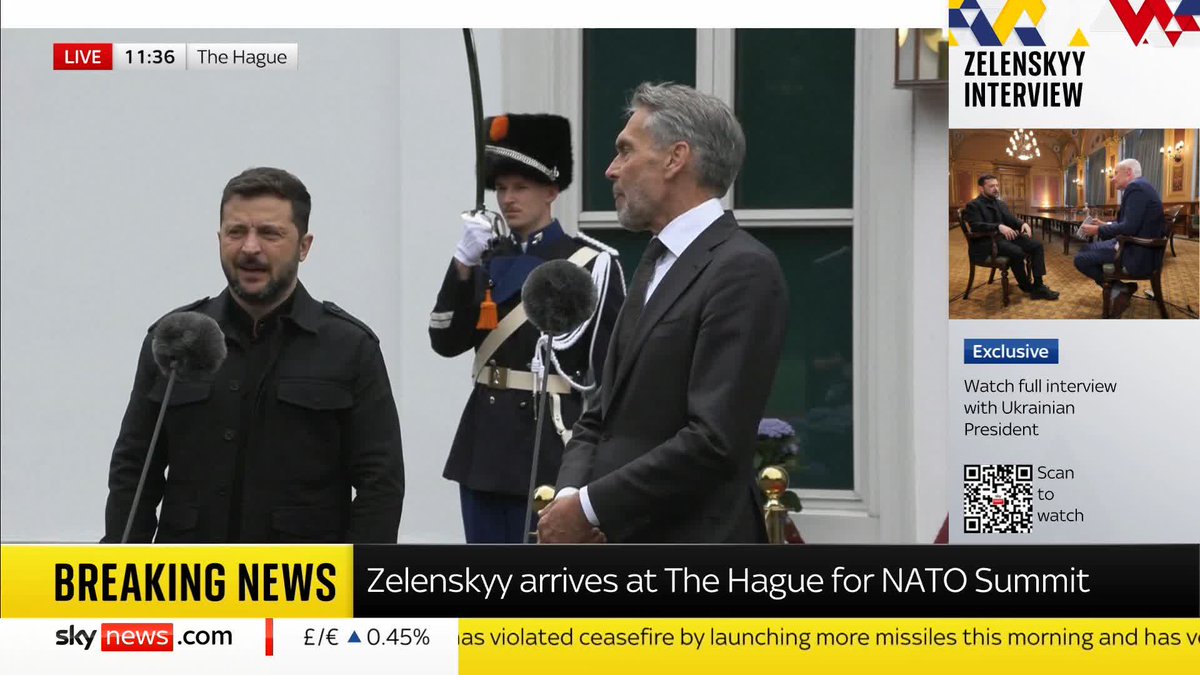BREAKING: President Zelenskyy arrives at The Hague for a Nato summit. In joint statement with Dutch Prime Minister Dick Schoof, Zelenskyy discussed co-producing drones, calling it a 'priority for the world.' 📺 Sky 501 and YouTube