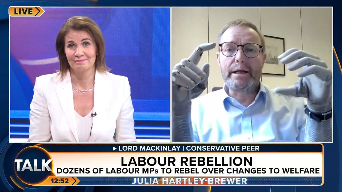 Tory peer and quadruple amputee Lord Mackinlay responds to the rise in people claiming disability benefits in the UK. "I go to work every single day of the week... I can do it, for heaven's sake, Britain get off your backside!" Julia Hartley-Brewer | Craig Mackinlay