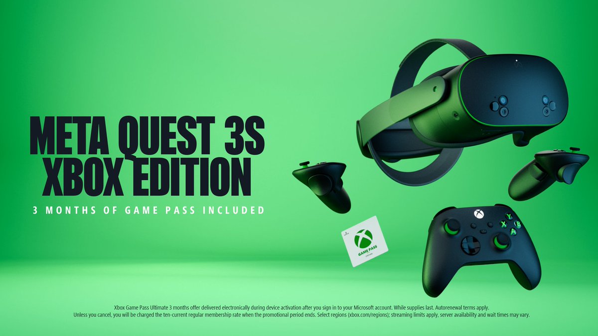 THIS IS AN XBOX YOU CAN WEAR.​ ​ Meta Quest 3S Xbox Edition (with 3 months of @XboxGamePass) is here for a limited time only: