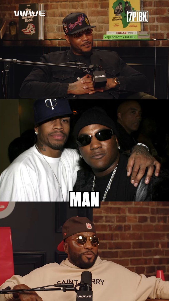 Allen Iverson &amp; Jeezy are the perfect rapper/hooper duo but Melo had something get off his chest 😂 Jeezy: "He's a living legend, his spirit and his energy is just a class act every time." Melo: "F*** that, Chuck, come sit your a** on this couch."
