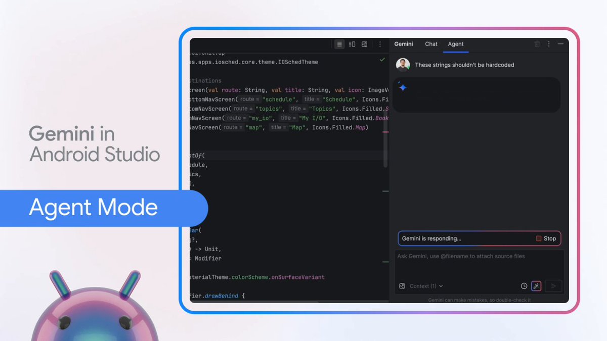 Agentic AI is taking Gemini in Android Studio to the next level → Following a preview at #GoogleIO, Agent Mode is now available in the latest Canary version of Android Studio, and you can expect more agentic AI experiences in the coming months.