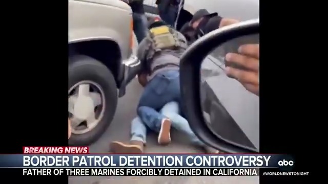 A controversial and violent takedown caught on camera shows masked border patrol agents repeatedly punching an undocumented immigrant after he's been detained. The agents claim the father of three marines threatened them with a weed whacker. Trevor Ault has details.