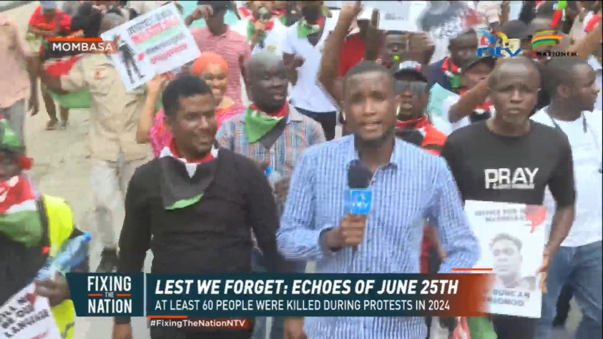 Youths march along Moi Avenue in Mombasa in memory of Gen Z protesters killed in June 2024.