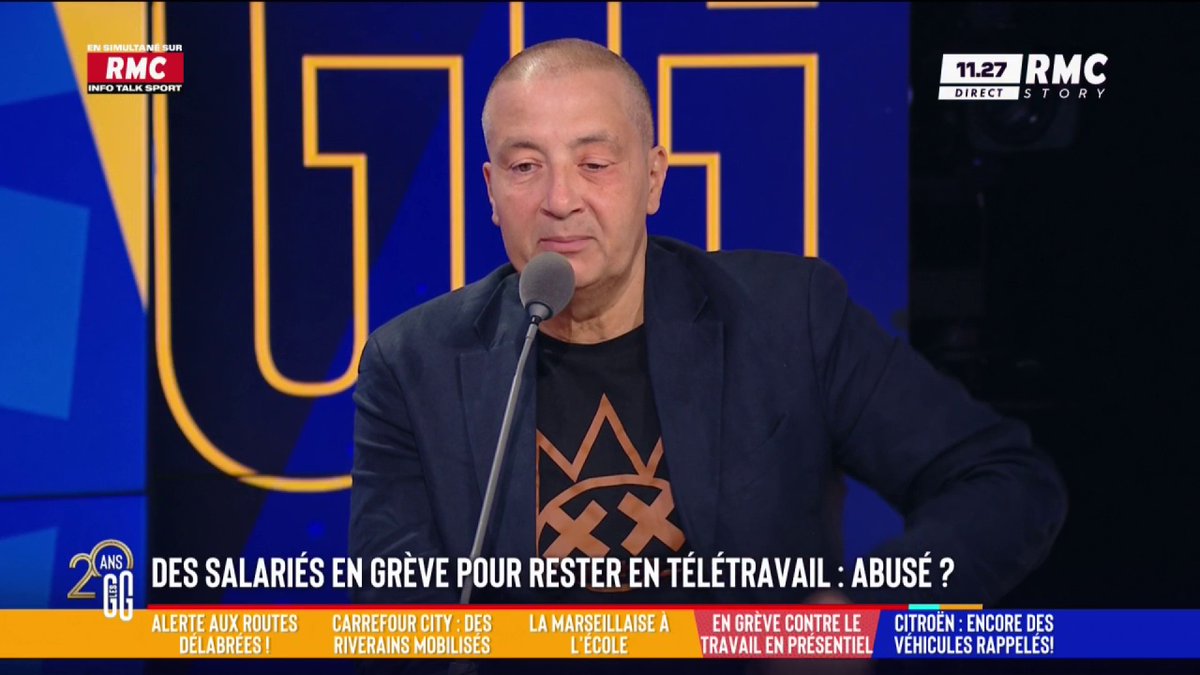 🪧 Société Générale : des salariés en grève pour rester deux jours/semaine en télétravail… Abusé ? 🗣️ Le coup de gueule de Mourad Boudjellal : "C'est télé-glandeur ! Les mecs qui travaillent pyjama, c'est pas du vrai boulot." #GGRMC