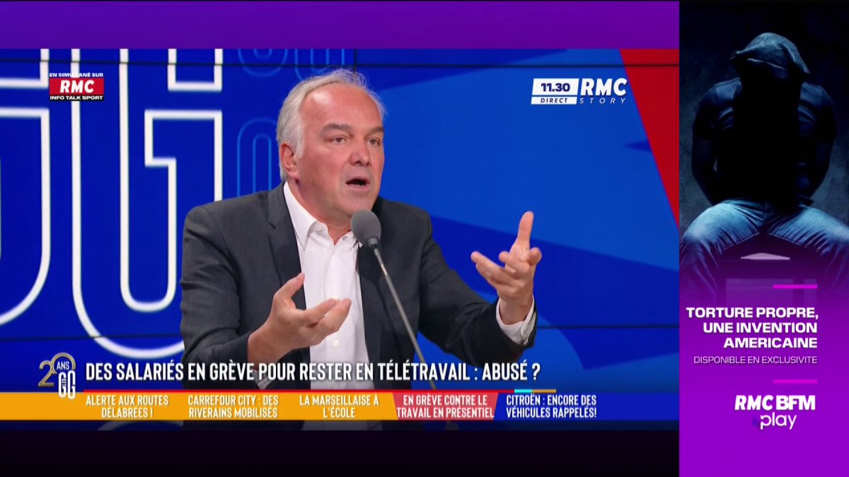 🪧 Des salariés en grève pour rester deux jours/semaine en télétravail… Abusé ? 🗣️ Olivier Truchot : "Cette société où on sera chacun chez soi, on se fera livrer, on aura Netflix, on aura travaillé en pyjama, on n'aura jamais rencontré nos collègues... ça m'effraie." #GGRMC