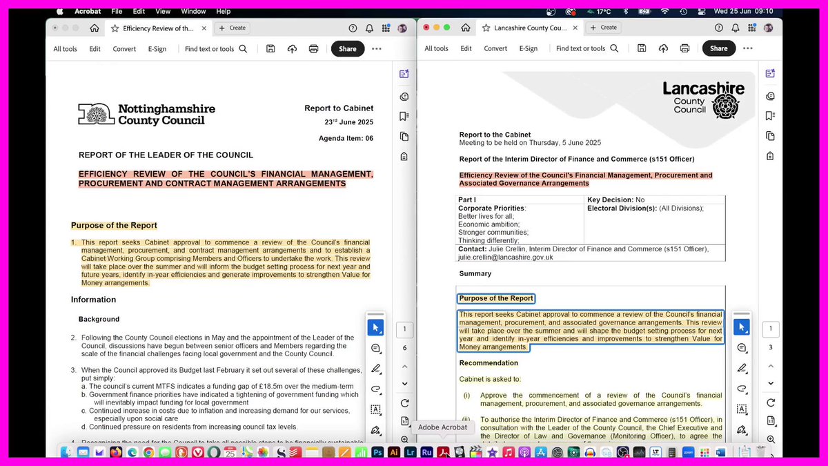 An interesting update, to my earlier post about DOGE. The fantastic OldishBird sent me a link to Lancashire County Council and their proposed 'efficiency savings'. And wouldn't you know it, my suspicions seem to be correct. Two Reform councils with identical efficiency documents. It's almost as though they are being told what to say. I feel some more FOIs coming on! Anyway, here's a little video that demonstrates the uncanny similarities in these two councils.