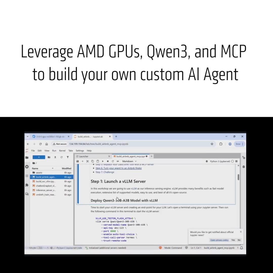 Want to build an AI agent that actually does things? This tutorial walks you through: • Qwen3 reasoning • Custom tool calling • Replacing tools with MCPs • Multi-tool Airbnb agent All GPU-accelerated with AMD + vLLM 🔗