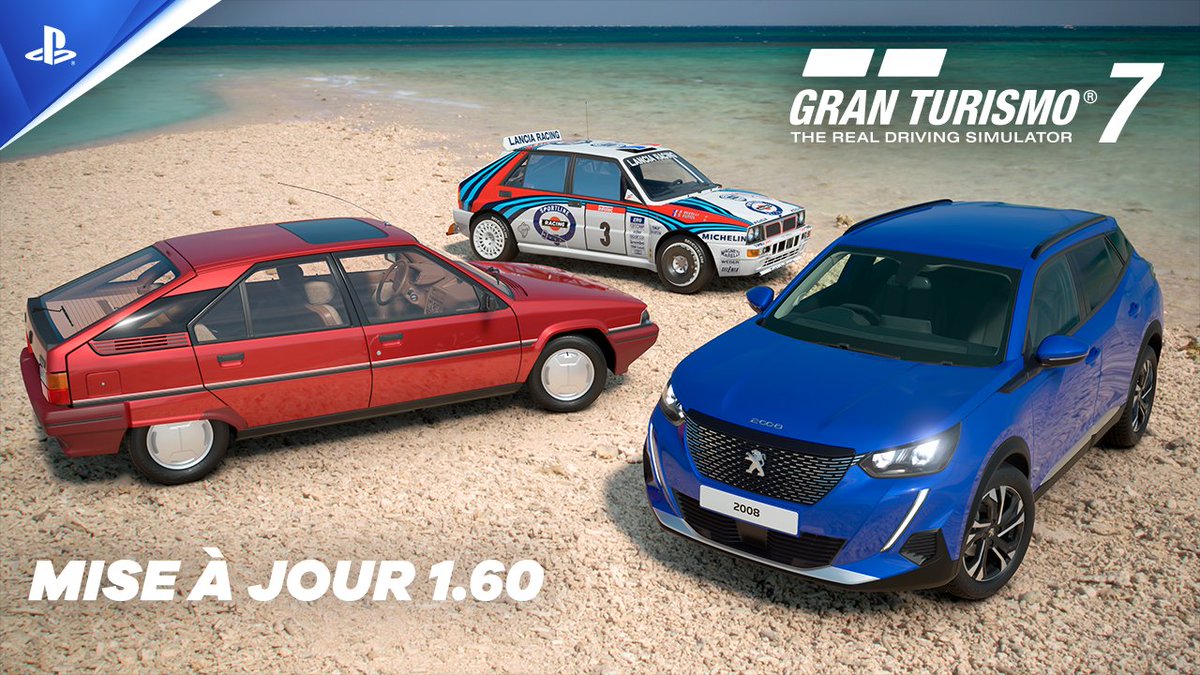 Nouvelle mise à jour de Gran Turismo 7 disponible avec : • 3 voitures 🇫🇷 Citroën BX 19 TRS '87 🇫🇷 Peugeot SUV 2008 Allure '21 🇮🇹 Lancia Delta HF Integrale Rally Car '92 • GT Sophy, nouveaux événements circuits mondiaux, Scapes... Toutes les infos :