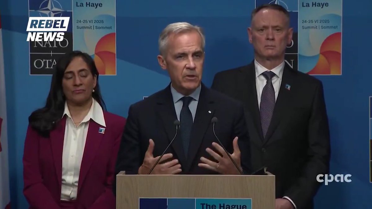 PM Carney is asked whether he has the "social licence" to increase Canada's defence spending beyond health-care costs to meet NATO's new demands. "We are protecting Canadians from threats," he says. "I wish we didn't have to, but it is our core responsibility."
