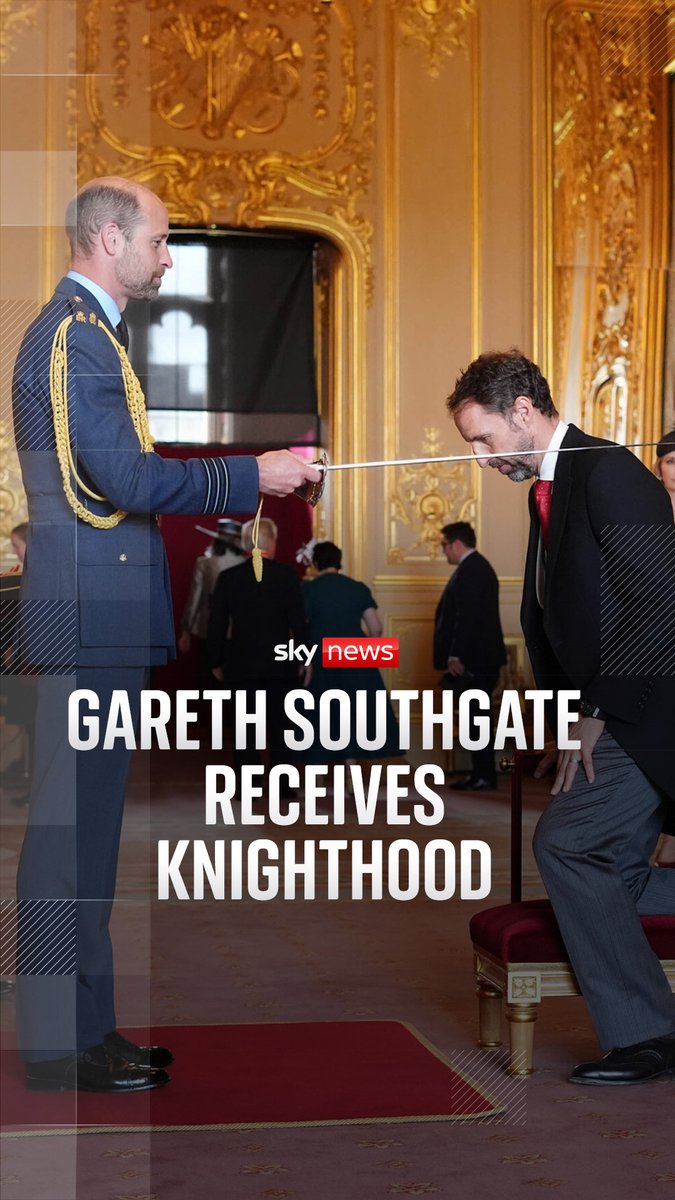 Watch the moment former England manager Gareth Southgate received a knighthood for services to football ⚽️ He was recognised after leading the national team to two consecutive European Championship finals and the 2018 World Cup semi-finals.