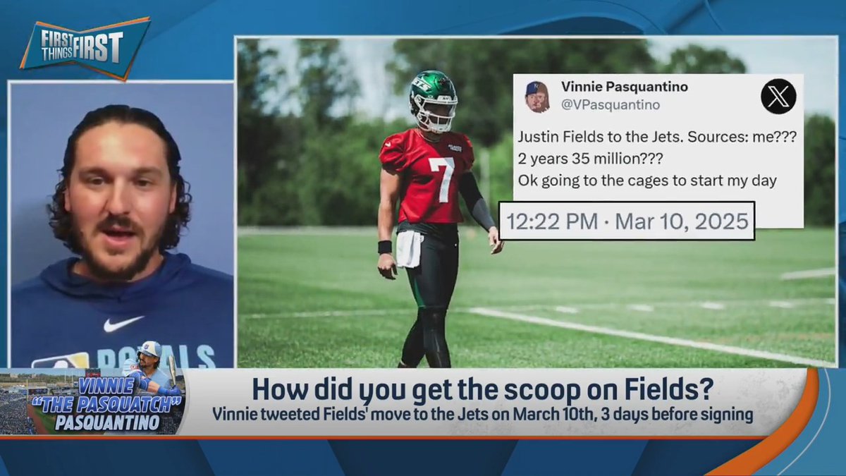 .Vinnie Pasquantino explains how he broke NFL news earlier this year: “The money and the years, total guess. I had a really good source tell me [Justin Fields] was coming to the Jets. I just didn’t know what the contract looked like, and I nailed it.” 🤣🤣