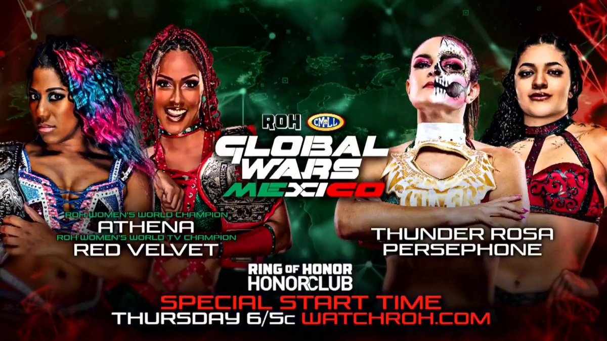 ROH Women’s World Champion Athena is ROH & All Elite! and ROH Women’s World TV Champion Red Velvet exchange a "game plan" of sorts ahead of their tag team match against Thunder Rosa and Persephone tomorrow night on Global Wars!