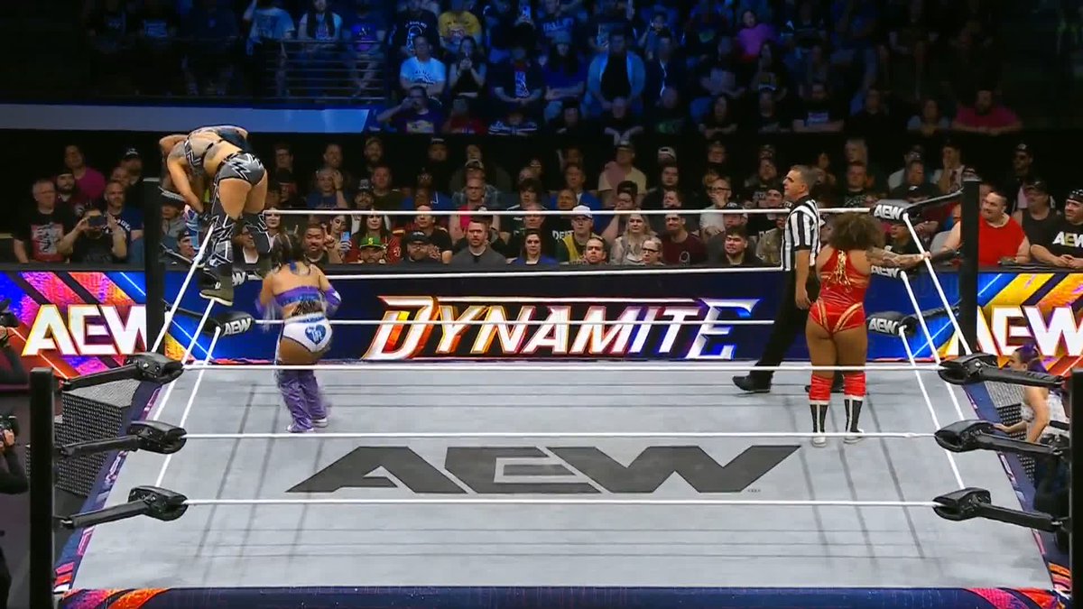 The Babe With The Power @WillowWrestles takes down ALL THREE of her opponents! Watch #AEWDynamite LIVE on TBS &amp; MAX