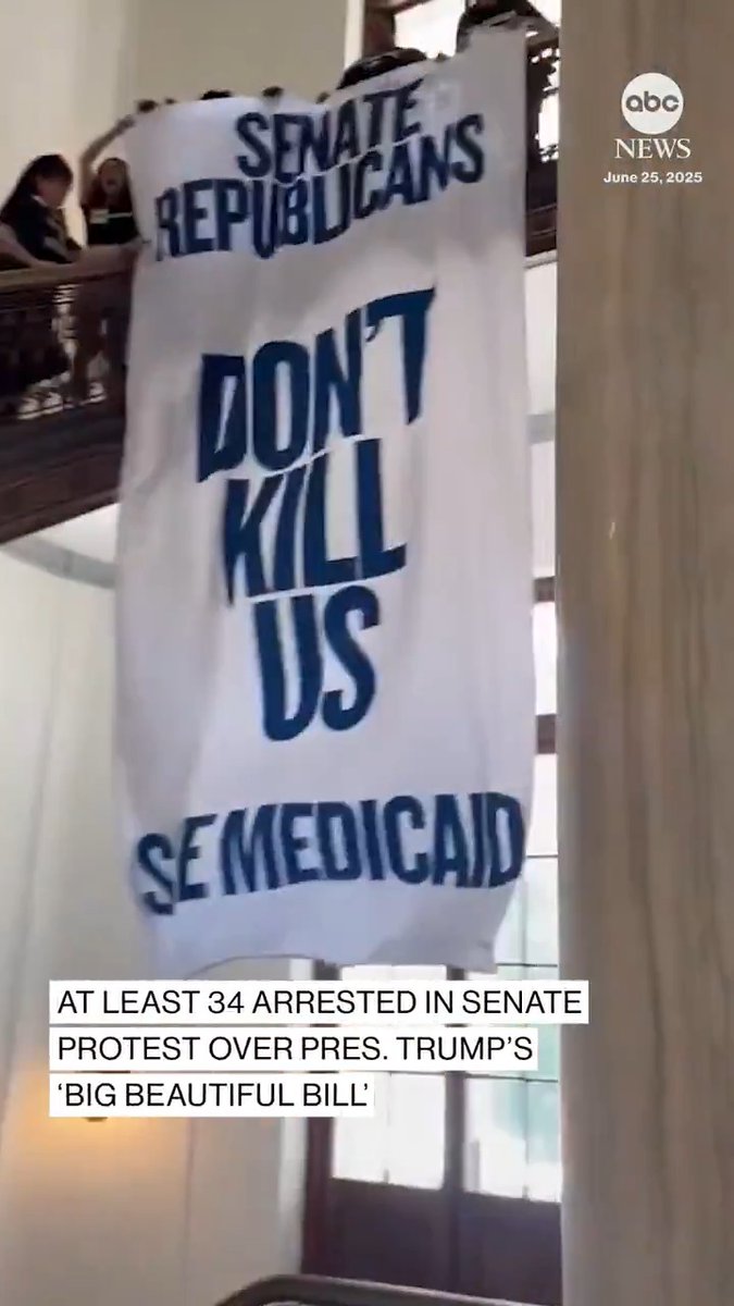 At least 34 people were arrested Wednesday in the Russell Senate Office Building while protesting Medicaid cuts in President Trump's "Beautiful Big Bill," according to Capitol Police. Demonstrators can be heard chanting "Drop the bill" in the video.