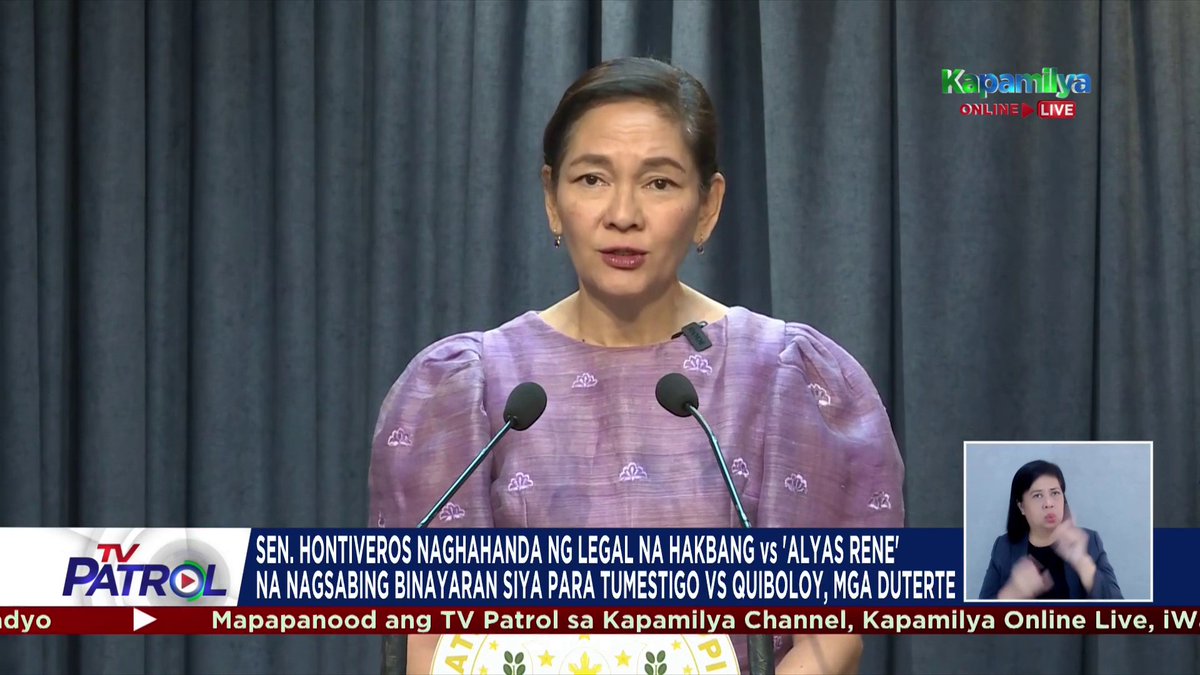 Magkakasa si Senador Risa Hontiveros ng legal na hakbang laban sa isa umanong testigong nagsabing binayaran siya ng senador para magbigay ng maling salaysay laban kina Apollo Quiboloy, former president Rodrigo Duterte, at Vice President Sara Duterte.