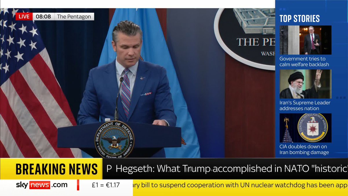 'This was a historically successful attack and we should celebrate it as Americans' US Defence Secretary Pete Hegseth is holding a news conference on the American attack on Iran nuclear sites. Watch live: 📺 Sky 501, Virgin 602, Freeview 233