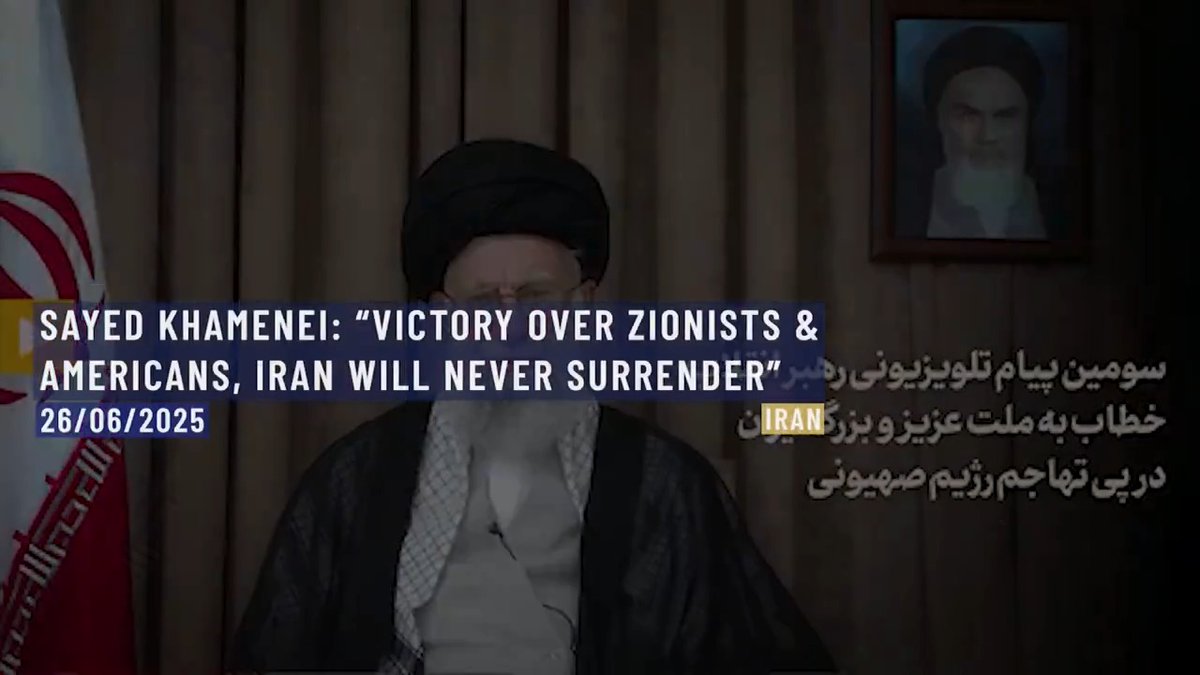 ⚡️⭕️ In a powerful televised address, Imam Khamenei hails Iran’s military success against Israel and the U.S., praises the unity of the Iranian people, and affirms that the Islamic Republic will never bow to Western demands. “Surrender will never happen. Never.” Iran. 26th of June, 2025.