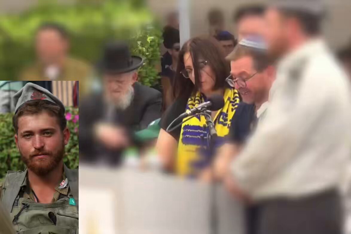 مشاهد من جنازة الضابط متان شاي يشينوبسكي الذي قتل وأحترق في تفجير ناقلة الجنود في خانيونس ، في المقطع والده يتحدث عنه .